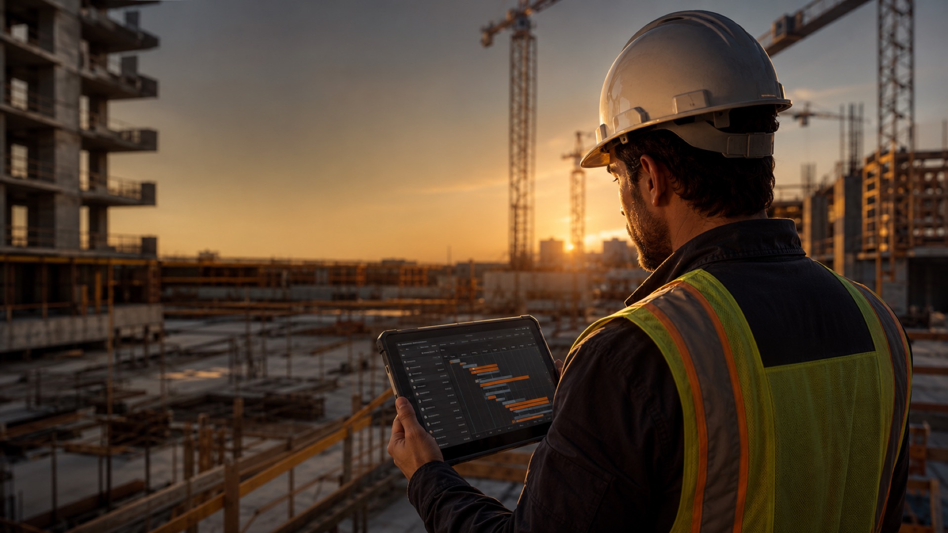 Ingeniero revisando el avance de obra en una tablet al atardecer
